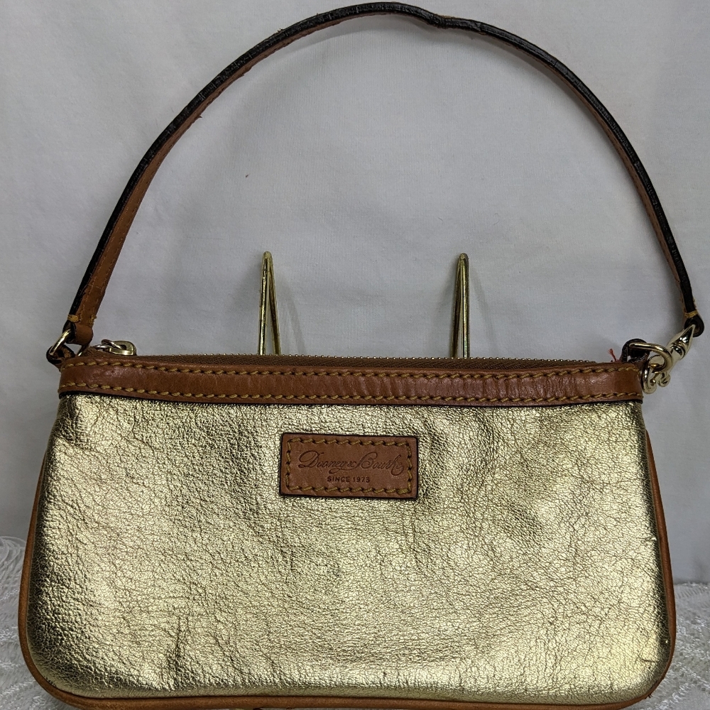 Dooney & Bourke Leather Mini Handbag/Wristlet Gold W/Caramel Trim Zip Top